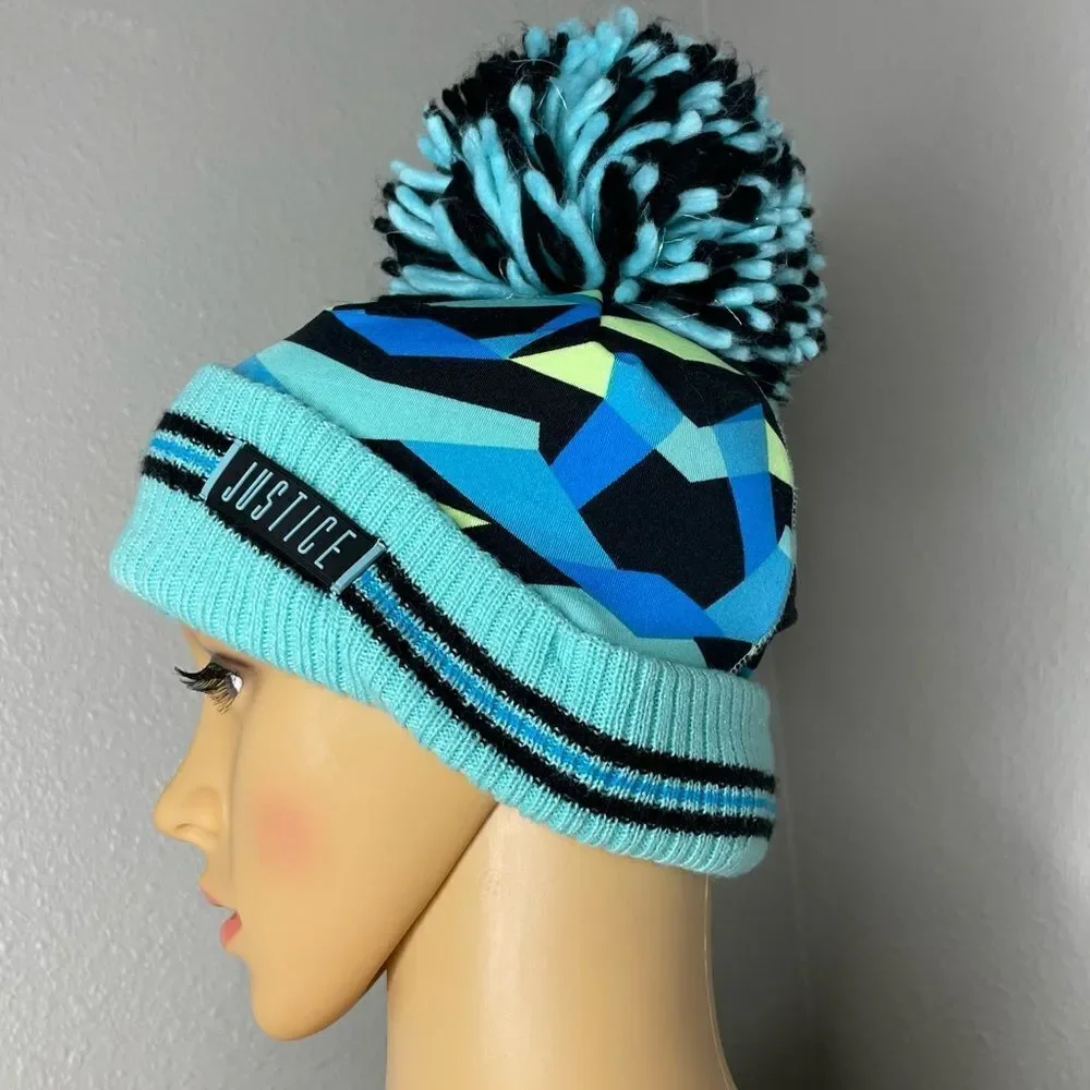 Justice Aqua Blue Teal Knit Beanie Cap With Ponytail Hole